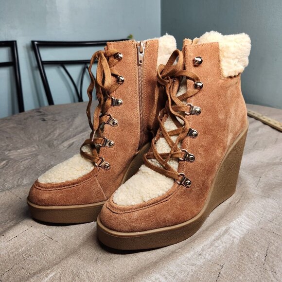 Jessica Simpson Women's Size 9 M Maelyn Wedge Booties Caramel  Leather Suede 645 - Picture 4 of 11